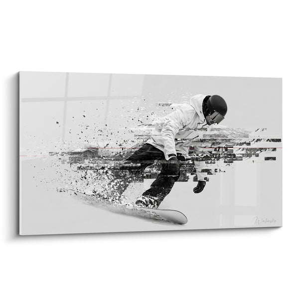 Tableau Snowboardeur casqué noir et blanc dispersé - Vitesse fragmentée - Edition Snowboard