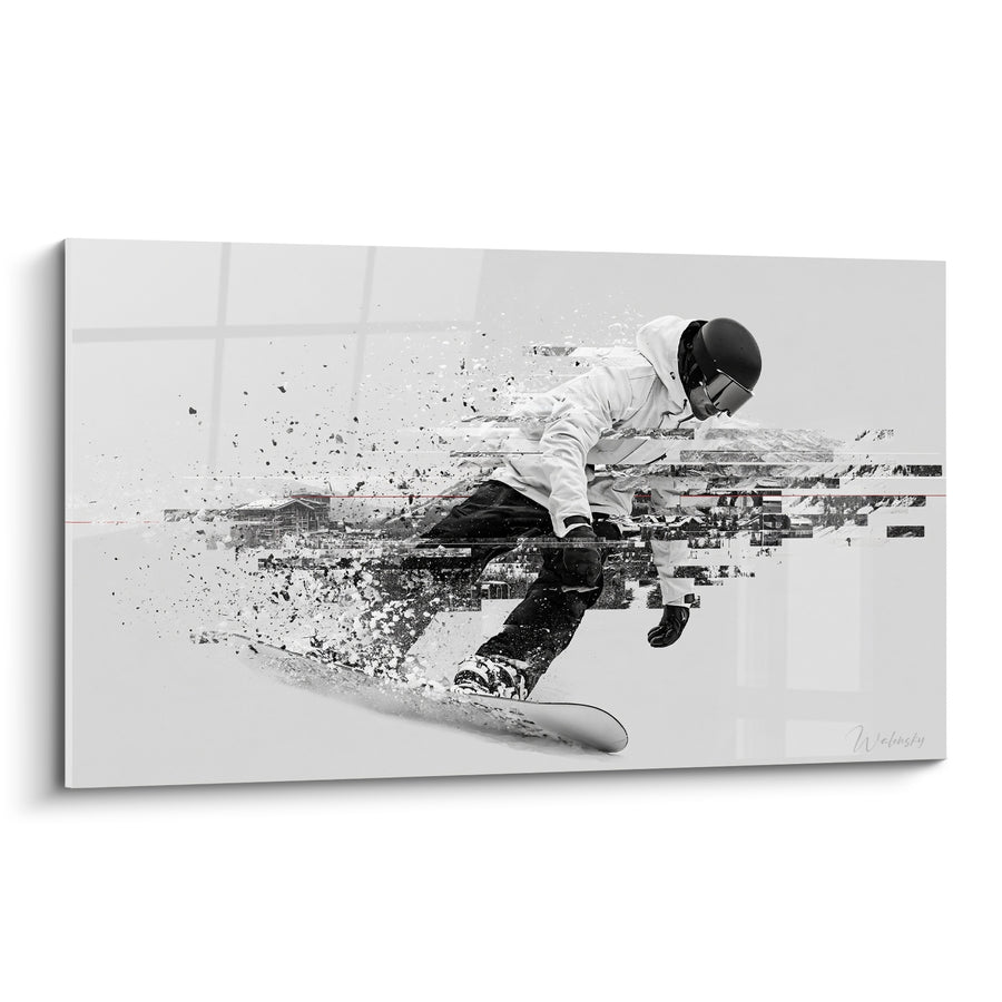Tableau Snowboardeur casqué noir et blanc dispersé - Vitesse fragmentée - Edition Snowboard