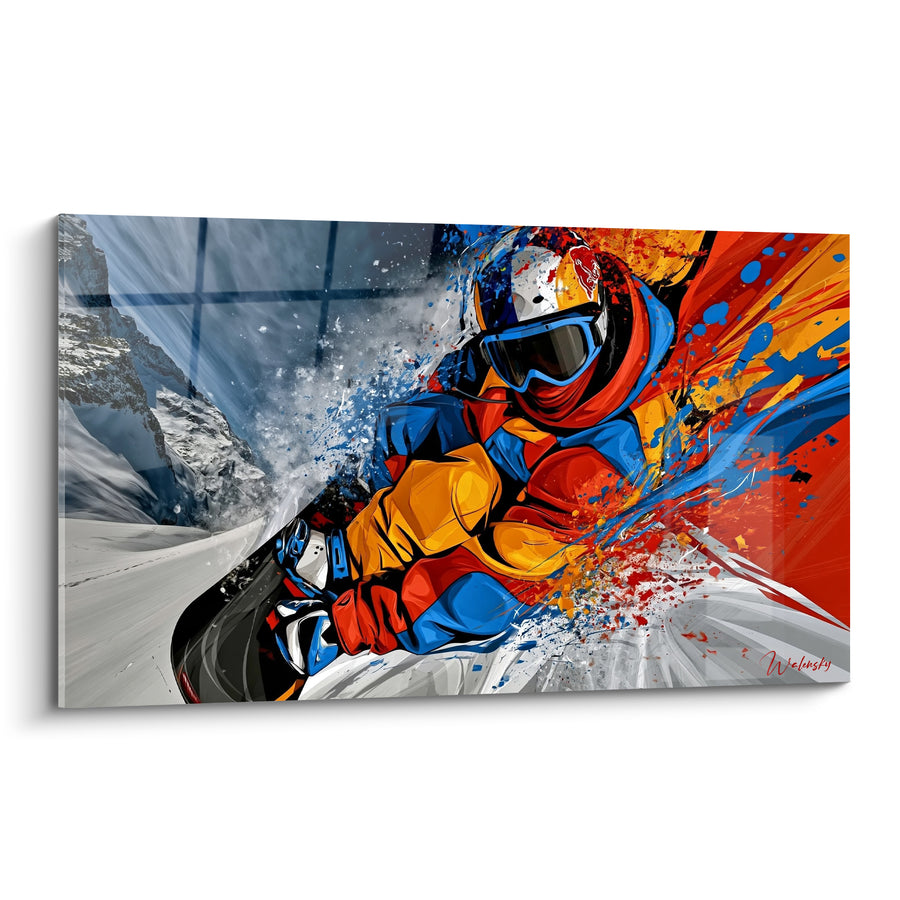 Tableau Snowboardeur rouge et jaune au foulard écarlate - Falaise rocheuse enneigée - Edition Snowboard