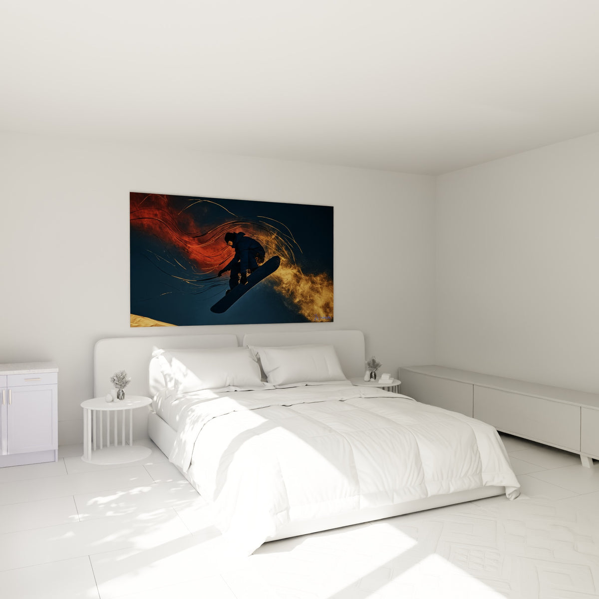 Rider en silhouette sombre entouré d'or et de rouge, accroché au-dessus d'un lit dans une chambre claire