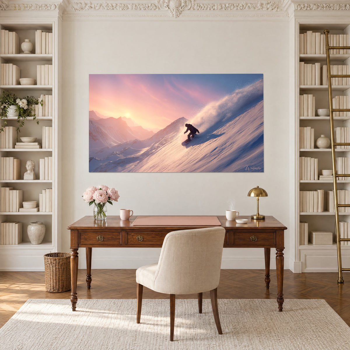 Schilderij donkere silhouet op het board in een stuifwolk poedersneeuw, zalmroze en lichtblauwe hemel, houten bureau tussen boekenkasten