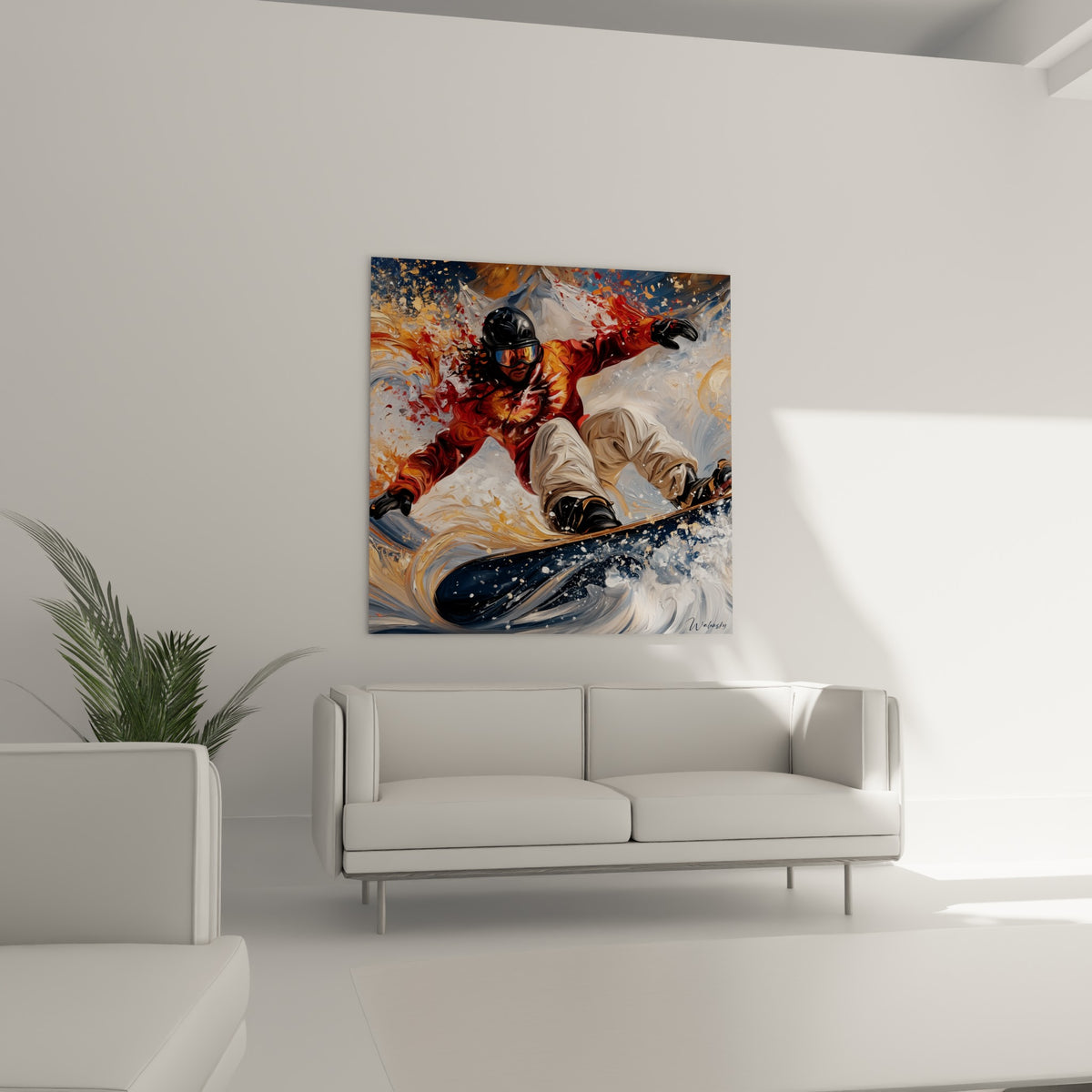 Sportif en combinaison orangée penché sur planche bleu marine, au-dessus d'un canapé dans un salon lumineux