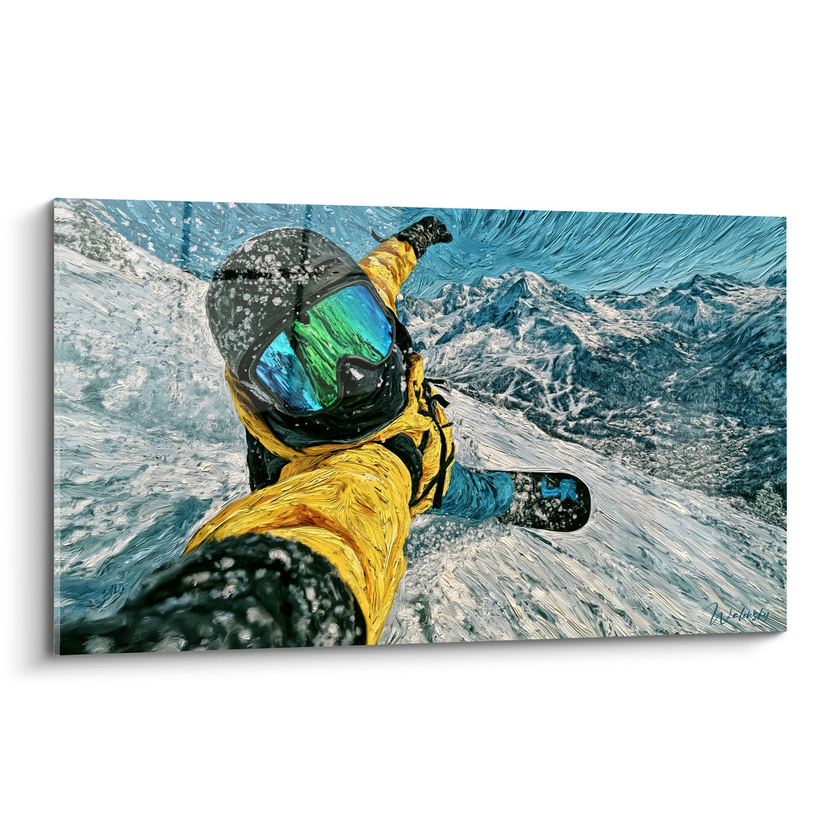 Snowboardeur en combinaison jaune dévalant une pente enneigée sous ciel bleu glacier
