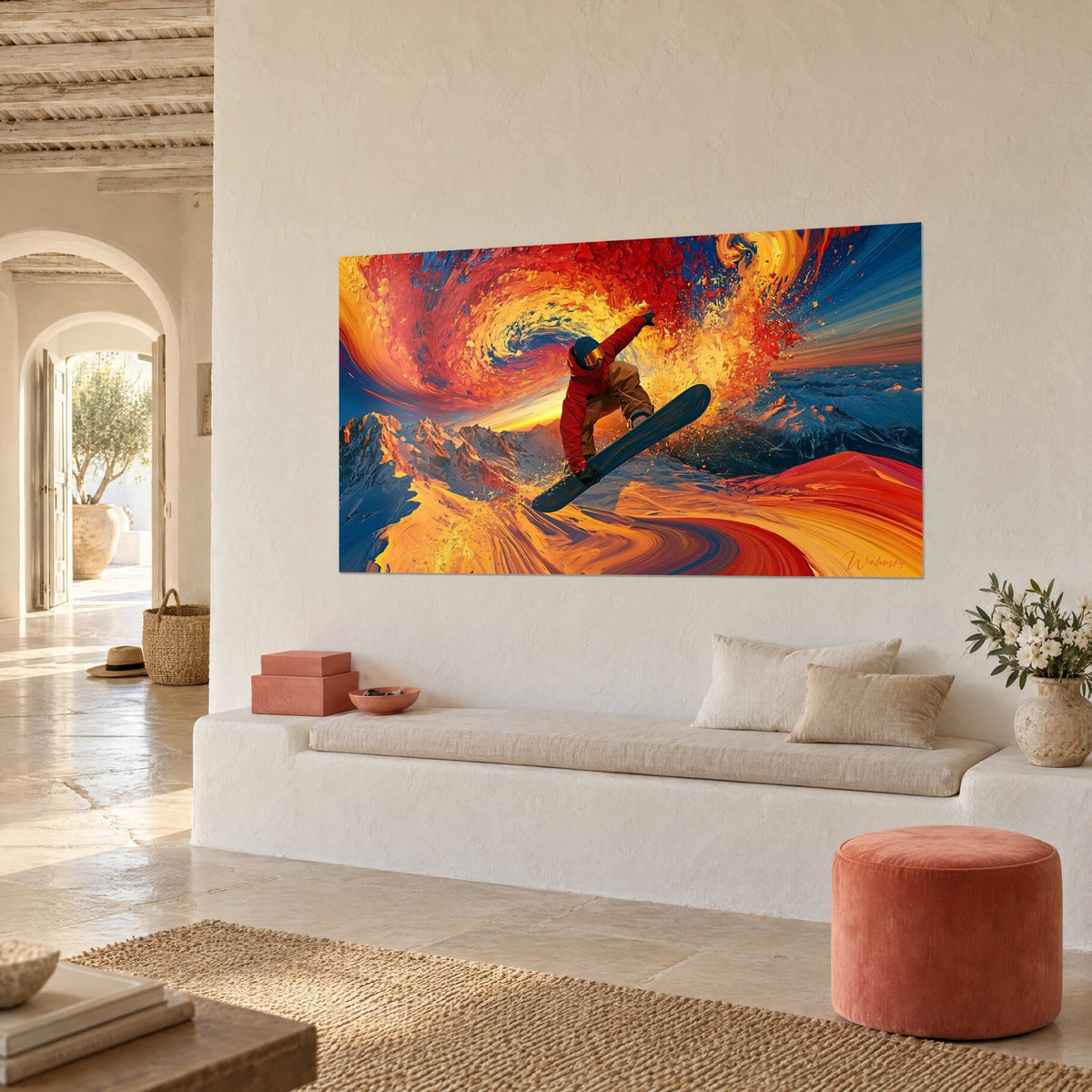 Tableau planchiste en veste écarlate propulsé dans une spirale de flammes, sommets bleutés, vu de trois-quarts sur un mur blanc chaulé