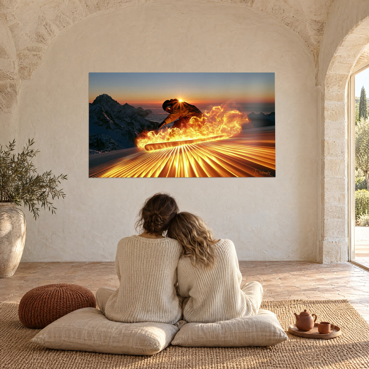 Gemälde eines Bergsportlers in vollem Schwung, goldene Flammen und strahlende Sonne über rotorangefarbenem Horizont, ein Paar von hinten auf Kissen sitzend
