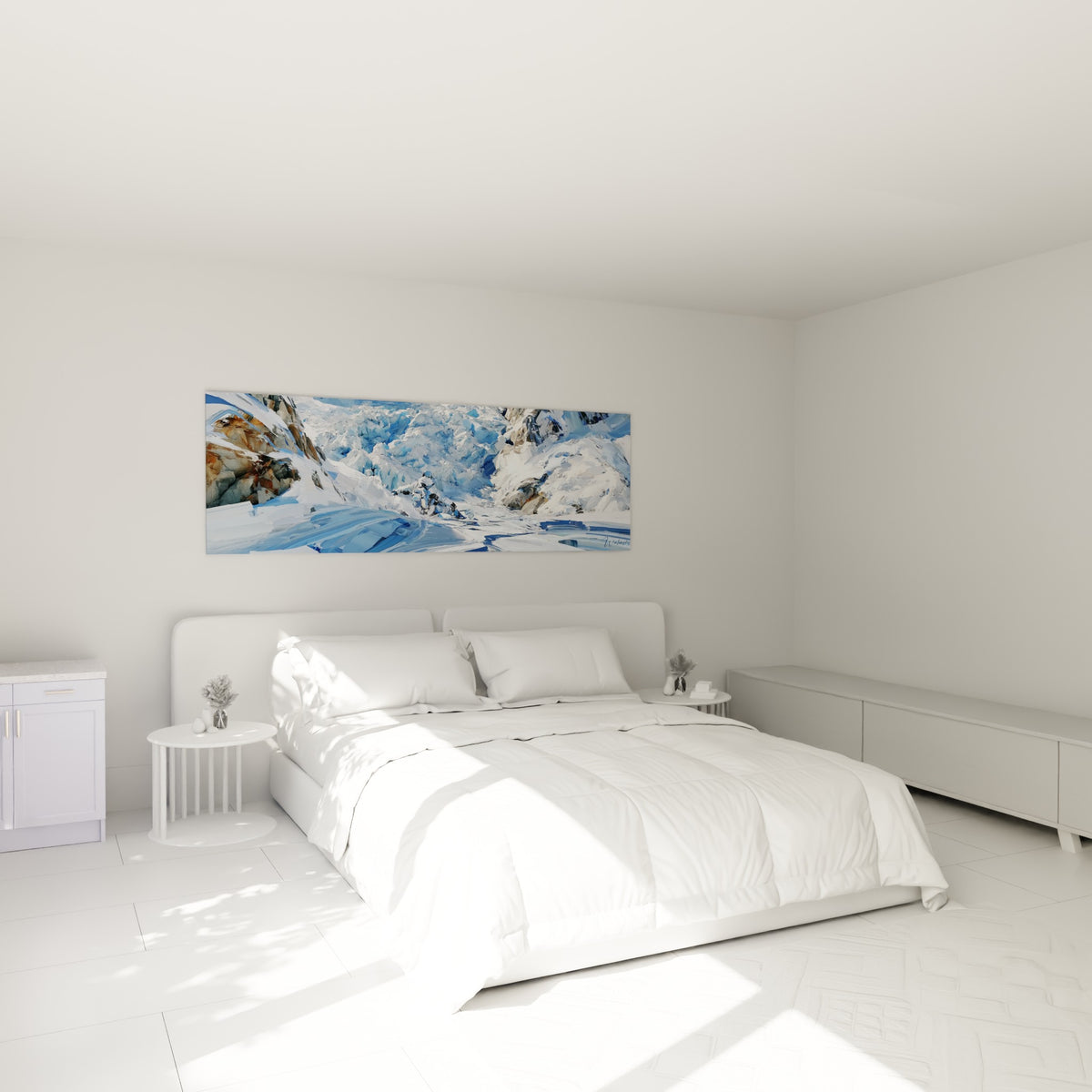 Couloir glaciaire bleu pastel et ocre au-dessus d'un lit dans une chambre claire