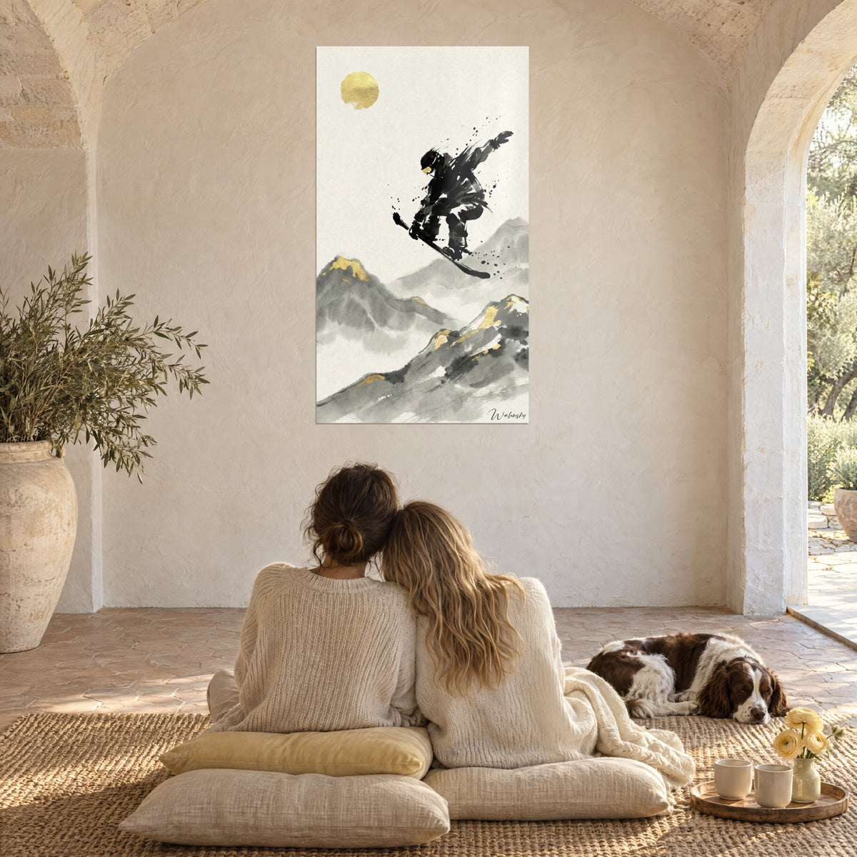 Tableau acrobate de neige en suspension, encre noire, lune dorée, cimes grises, couple enlacé et spaniel dans un mas