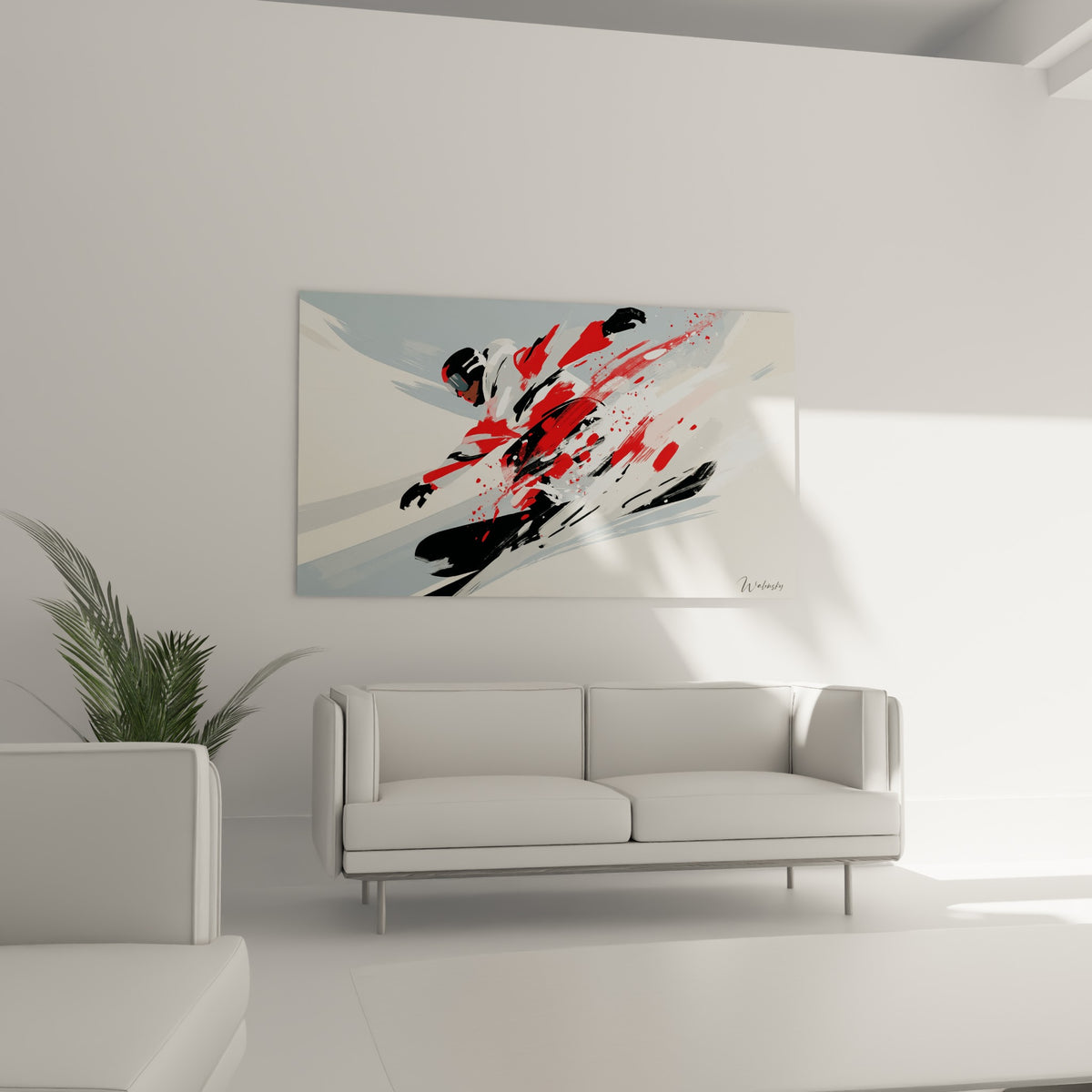 Silhouette penchée en rouge intense sur fond gris bleuté, au-dessus d'un canapé dans un salon lumineux