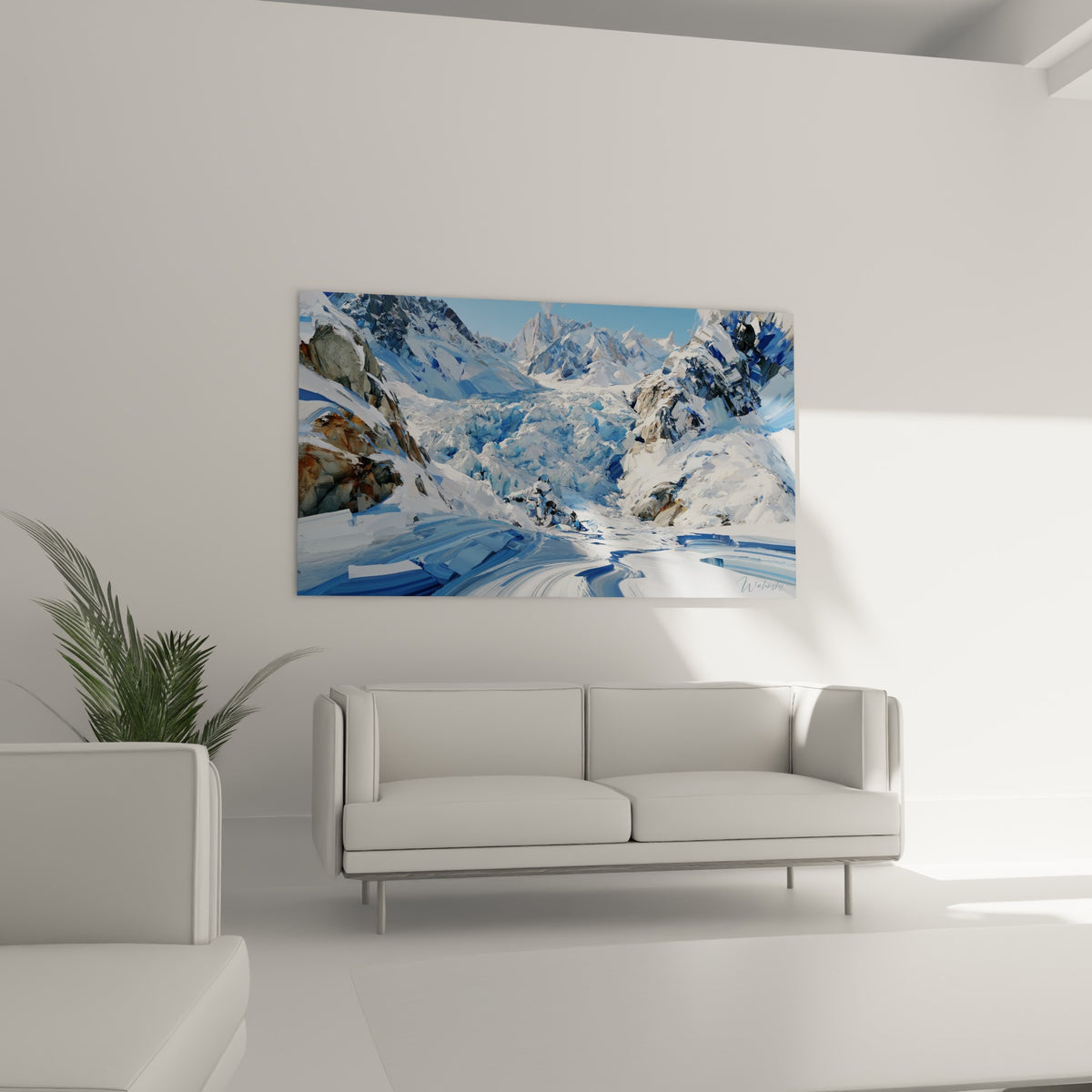 Crevasse glaciaire anthracite et neige immaculée au-dessus d'un canapé dans un salon lumineux