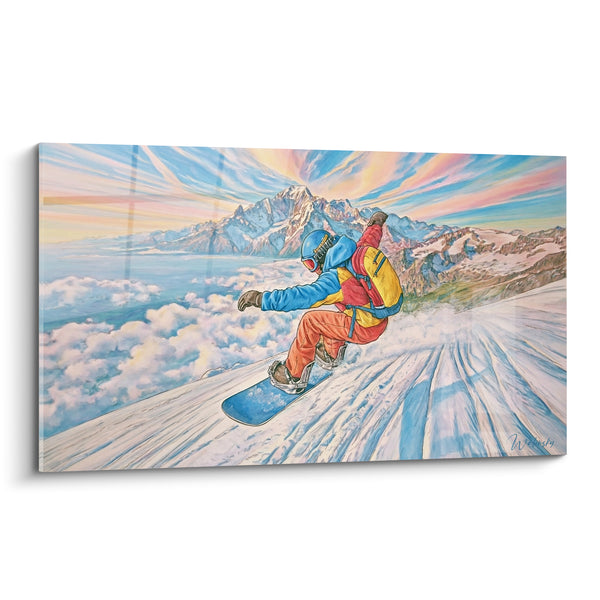 Schilderij Snowboarder met gele en blauwe rugzak - Afdaling op de top van de wereld - Snowboard Editie