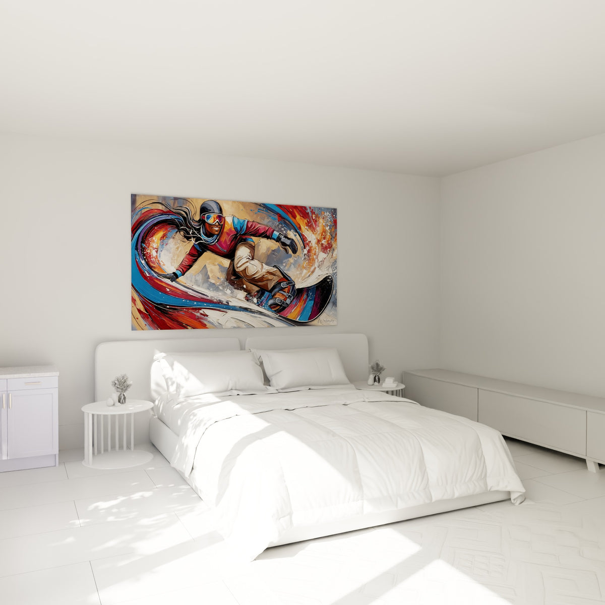 Descente extrême en rouge et bleu peinte au couteau, accrochée au-dessus d'un lit dans une chambre claire