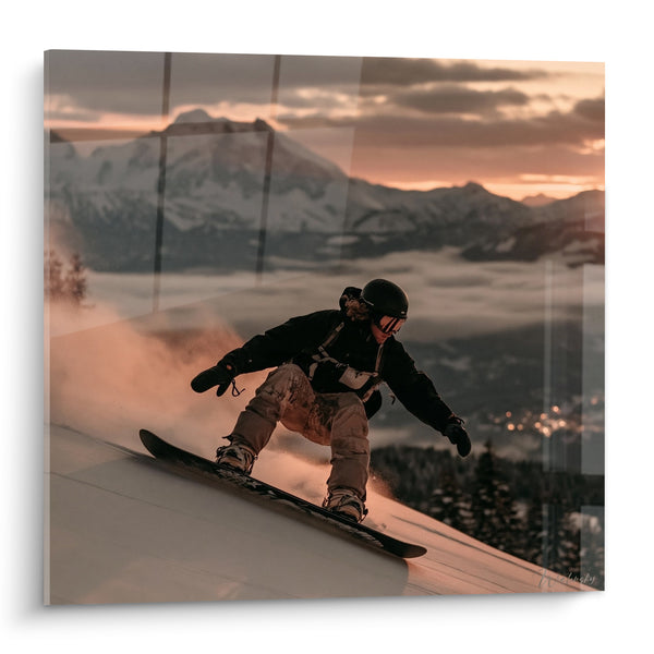 Tableau Snowboardeur noir et beige sur crête enneigée - Vertige des cimes - Edition Snowboard