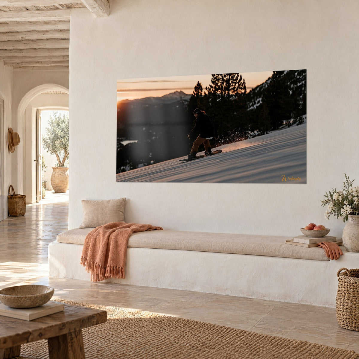 Wall art twilight descent, dark silhouette cutting across the slope, copper powder snow and black pines, on a white wall of a Mediterranean house