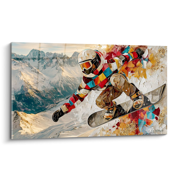 Tableau Snowboardeur rouge et turquoise en damier géométrique - Planche à losanges argentés - Edition Snowboard