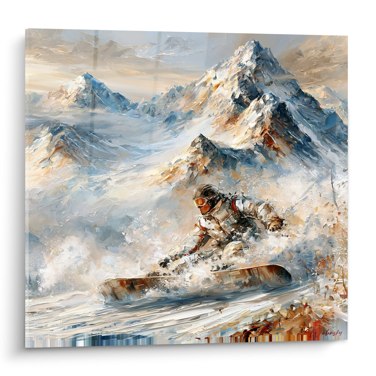 Snowboardeur en tenue blanche et ocre dévalant une pente dans une gerbe de neige bleutée