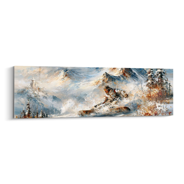 Tableau Snowboardeur beige et bleu près d'un château - Sapins roussis enneigés - Edition Snowboard
