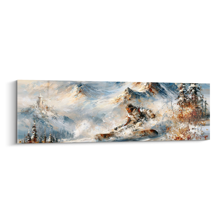 Tableau Snowboardeur beige et bleu près d'un château - Sapins roussis enneigés - Edition Snowboard