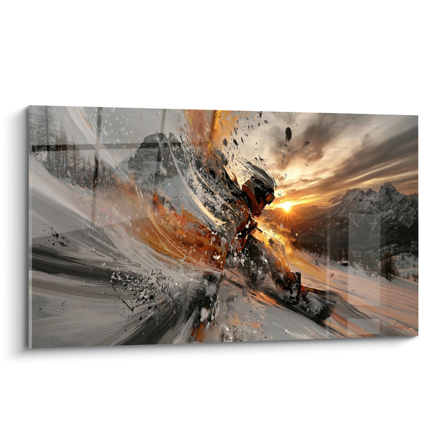 Tableau Snowboardeur gris et orange face au soleil - Chaîne de montagnes lointaine - Edition Snowboard