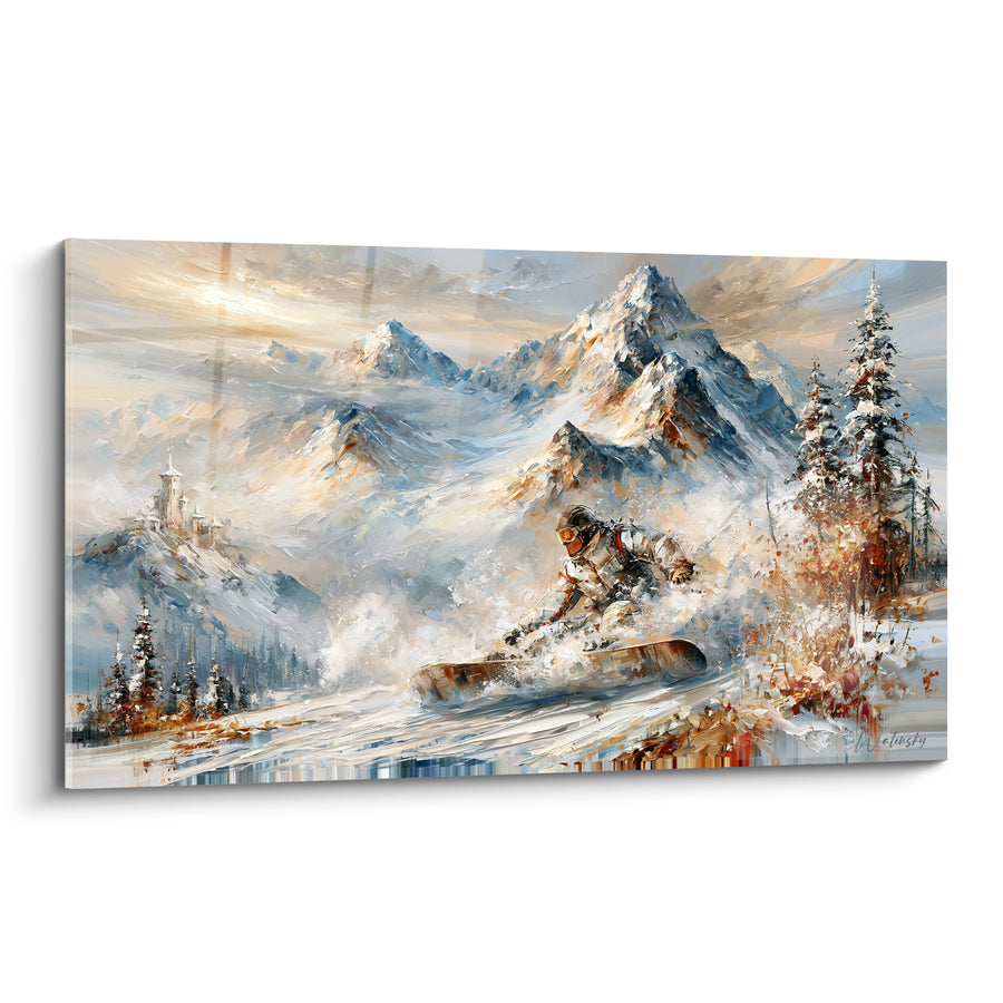 Tableau Snowboardeur blanc et ocre près d'un château - Tourelles enneigées lointaines - Edition Snowboard