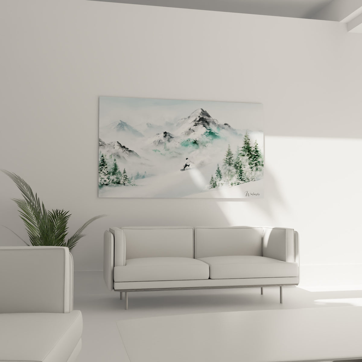Planche de neige glissant sur poudreuse blanche entre reliefs gris, au-dessus d'un canapé dans un salon lumineux