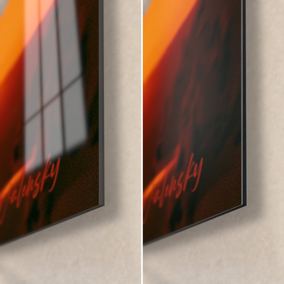 Gemälde Snowboard mit roter Sonne, untere rechte Ecke: glänzendes Acrylglas mit Reflexion, mattschwarzes Dibond-Aluminium, 3 mm Kante