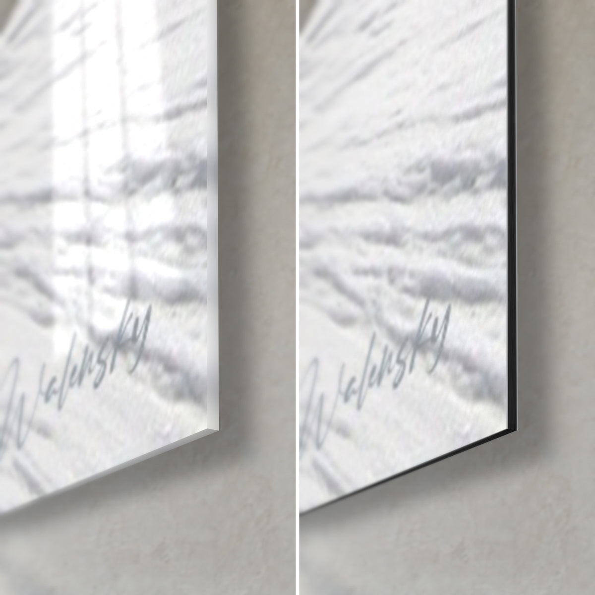 Wall art snowboarder in grey camouflage gear, 3 mm black edge, glossy acrylic glass on the left, matt white Dibond on the right