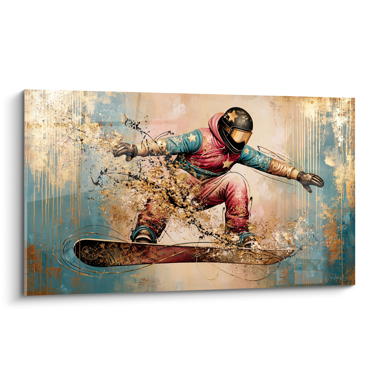 Snowboardeur casqué en combinaison rose et bleu pétrole, éclats dorés en plein virage
