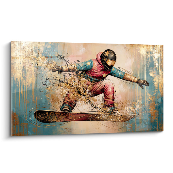 Tableau Snowboardeur casqué combinaison rose et bleue - Élan fulgurant - Edition Snowboard