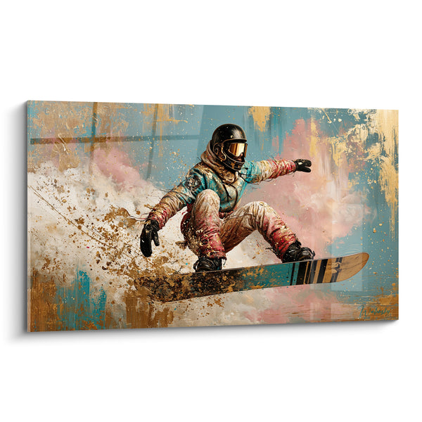 Tableau Snowboardeur doré aux éclaboussures roses - Glisse effrénée - Edition Snowboard