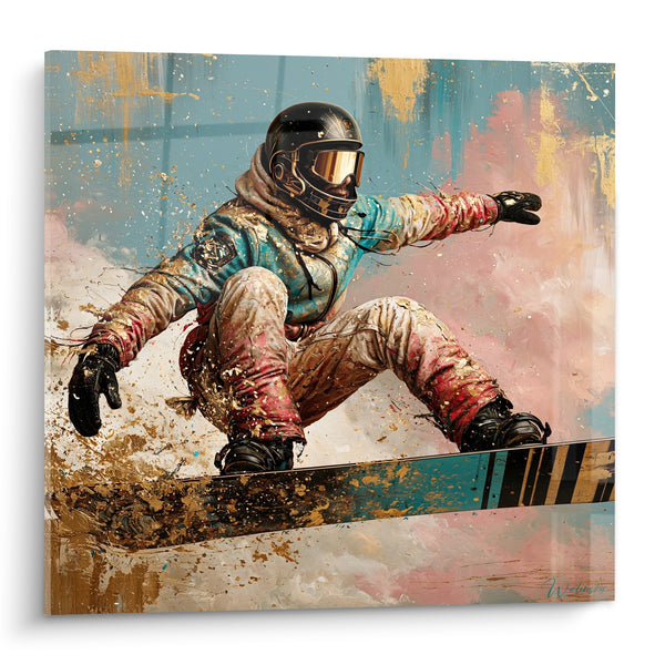 Tableau Snowboardeur rose et turquoise en éclaboussures dorées - Visière ambrée reflétée - Edition Snowboard