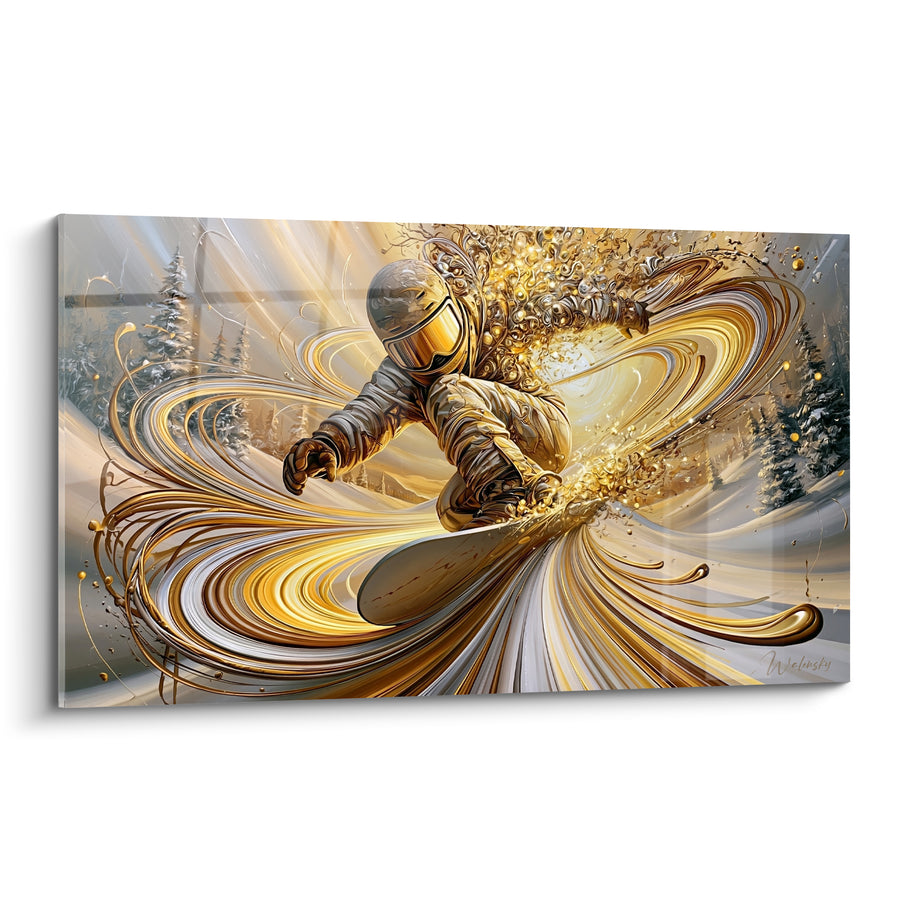 Tableau Snowboardeur doré et blanc en tourbillon spiralé - Sapins enneigés en arrière-plan - Edition Snowboard
