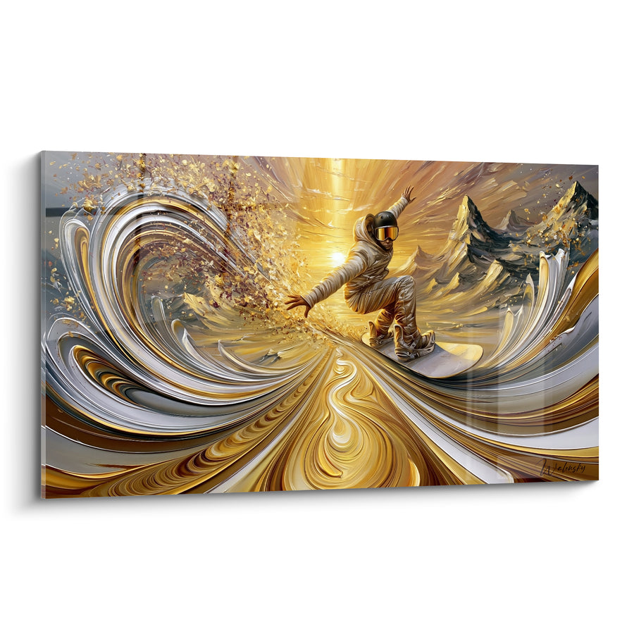 Tableau Snowboardeur beige et doré en tourbillon liquide - Soleil éclatant - Edition Snowboard