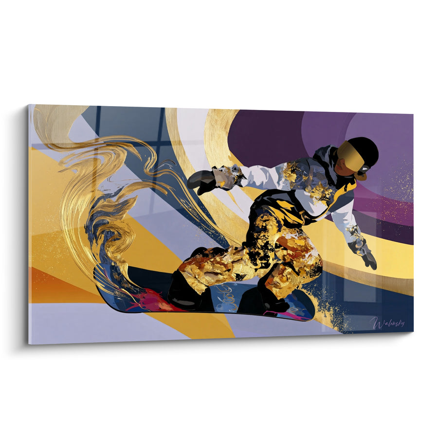 Tableau Snowboardeur doré et violet en pleine glisse - Vitesse figée - Edition Snowboard
