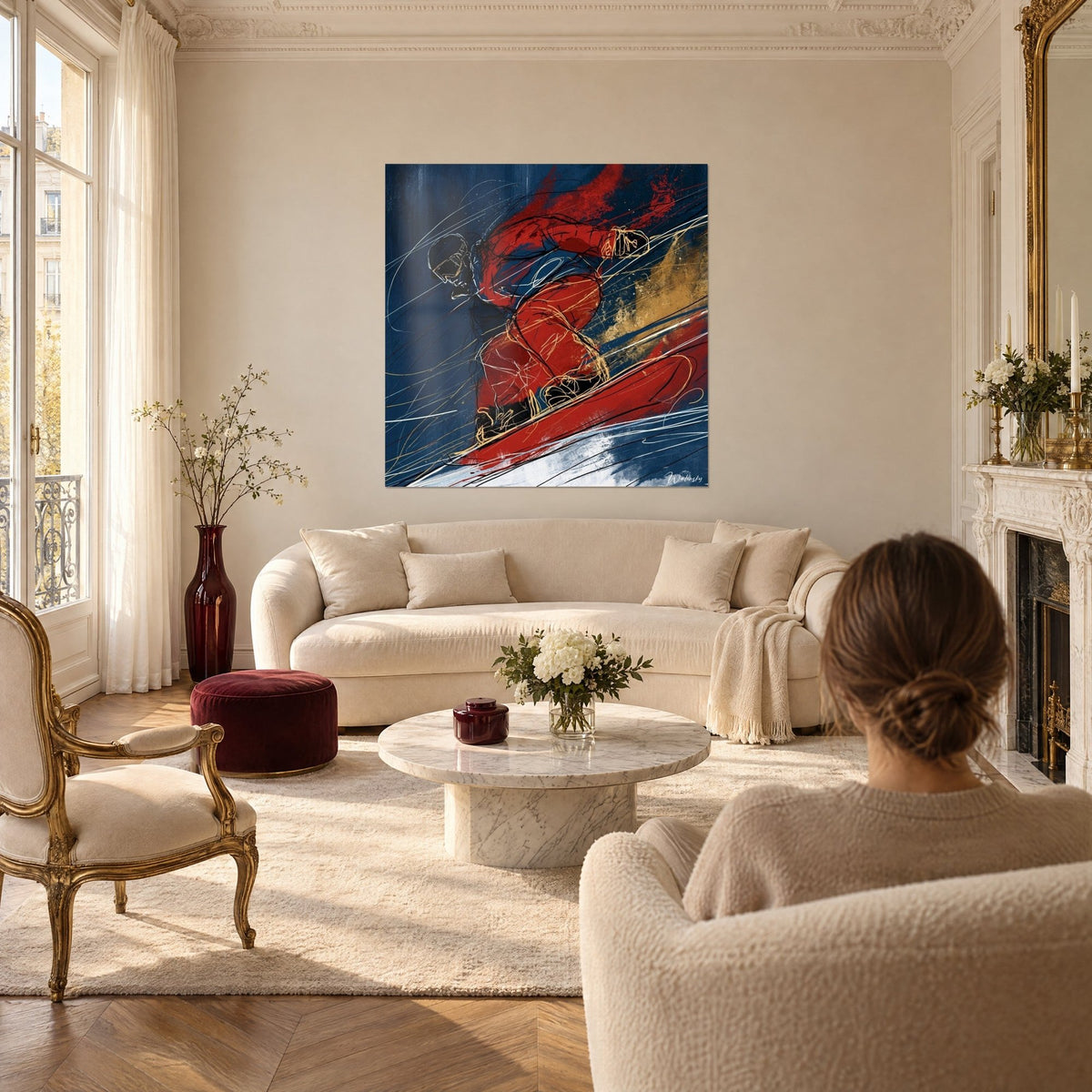 Wall art of a snowboarder in a red suit leaning into a turn, midnight blue background with a golden trail, above a sofa in a bright living room