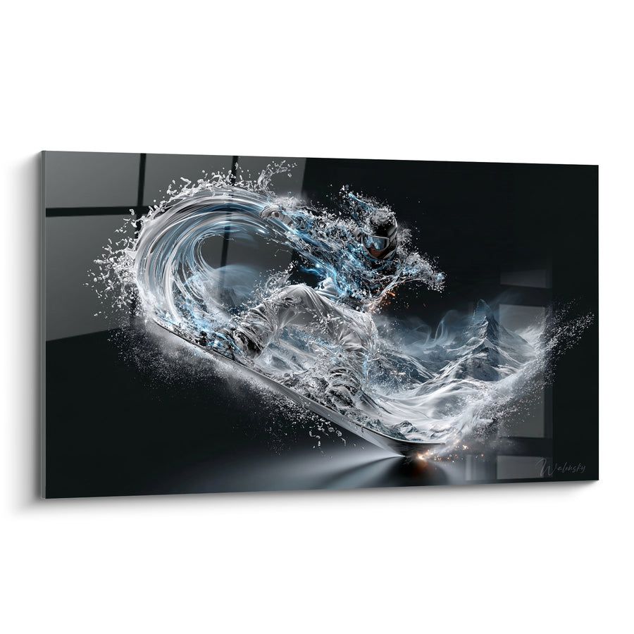 Tableau Snowboardeur blanc et bleu en vague liquide - Chaîne de montagnes translucide - Edition Snowboard