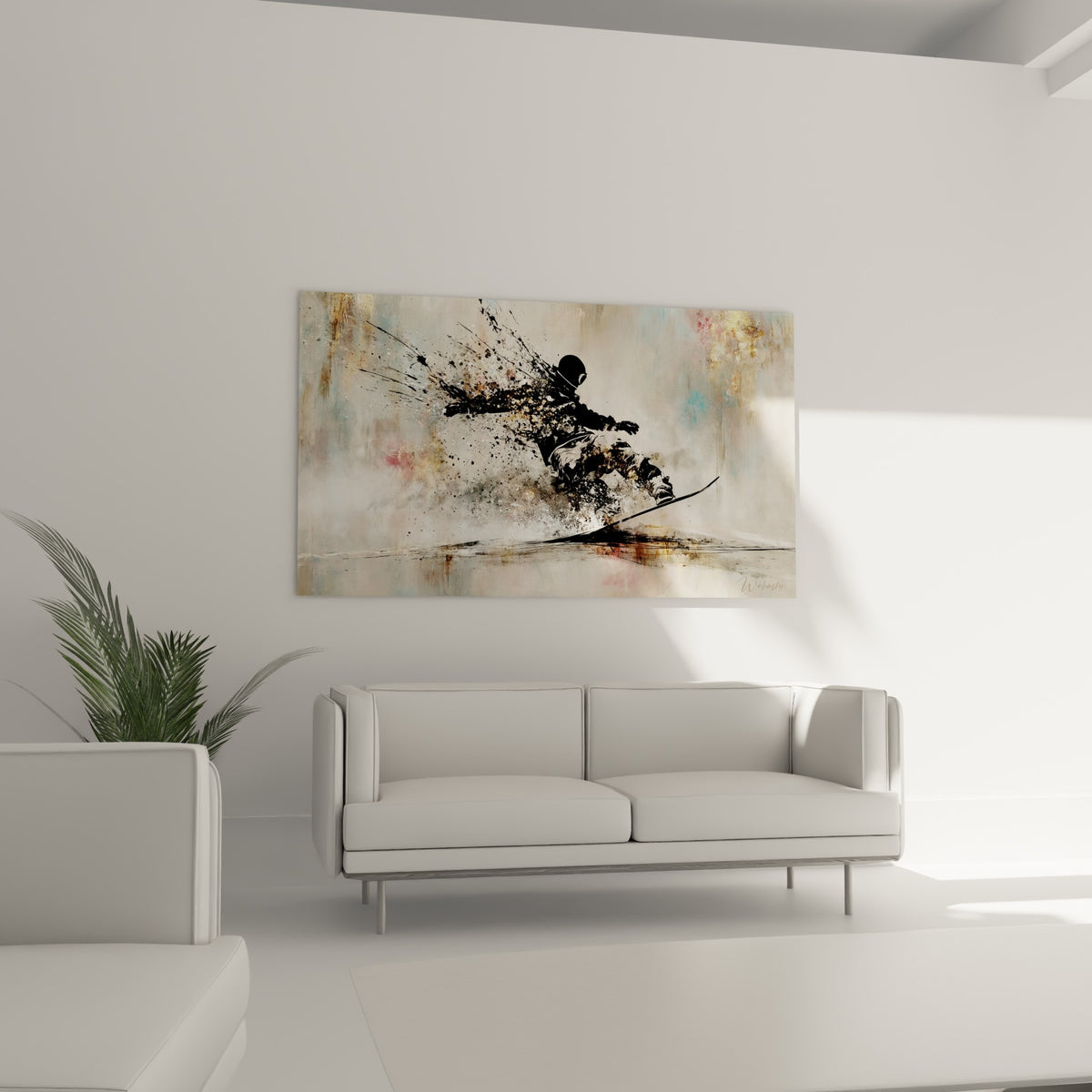 Glisseur figé dans un jaillissement blanc et anthracite au-dessus d'un canapé dans un salon lumineux