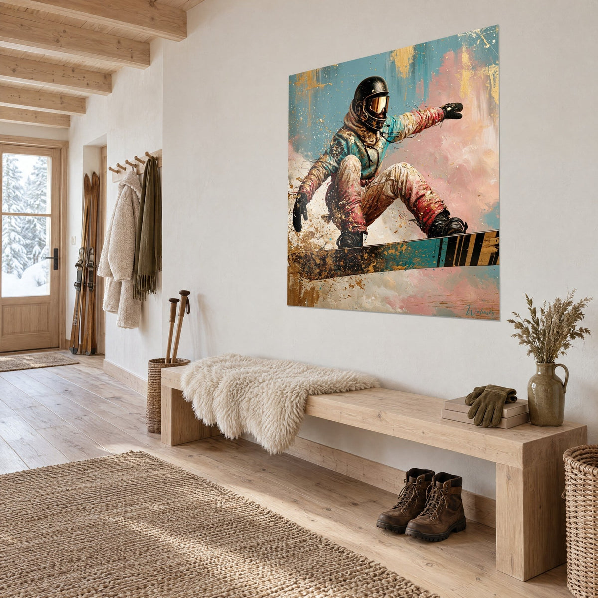 Wall art of a rider mid-jump, amber visor and cream pants splashed with pink, in the wooden hallway of a chalet