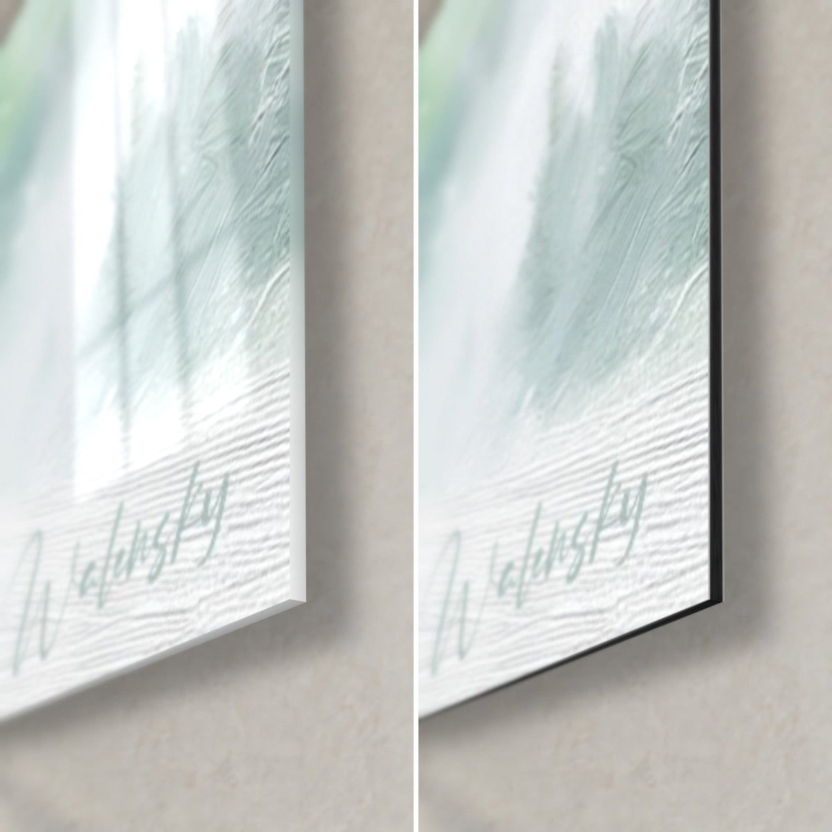 Wall art of a boarder in a white jacket, bottom right corner: glossy acrylic glass on the left, matte brushed Dibond aluminum on the right, 3 mm edge