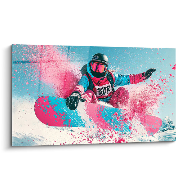 Tableau Snowboardeur en projection rose et bleu - Explosion en plein vol - Edition Snowboard
