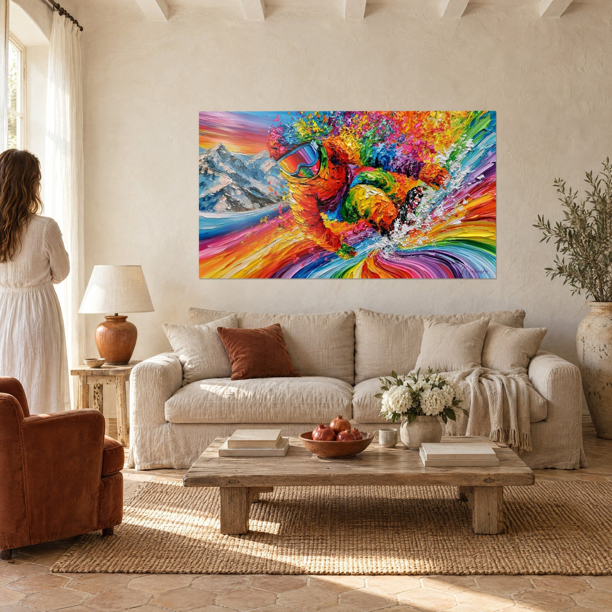Tableau snowboardeur orange en pleine glisse, masque argenté et traînée arc-en-ciel, femme de dos, au-dessus d'un canapé dans un salon lumineux
