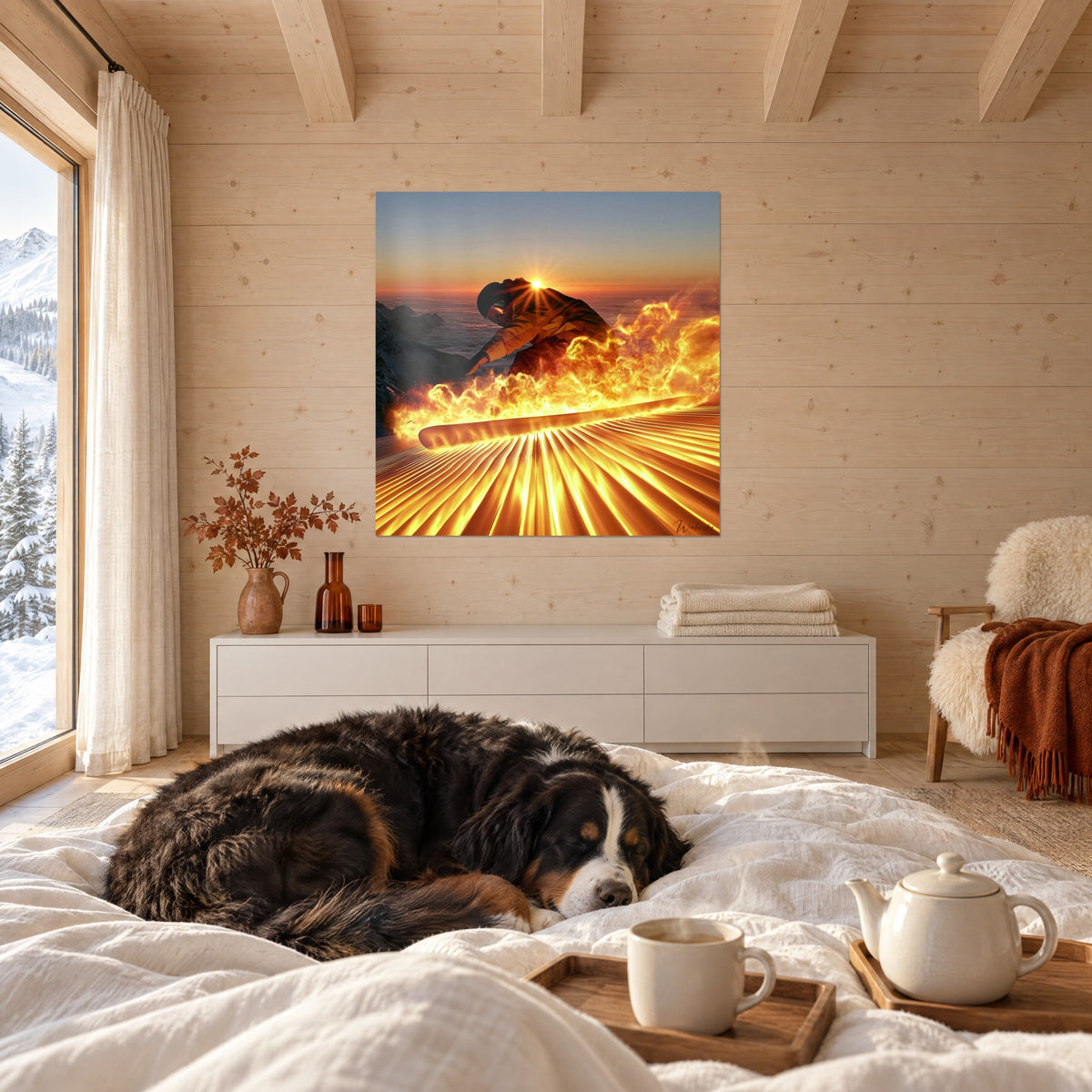 Schilderij van een sneeuwglijder in een amberkleurige gloed, lichtende pistesporen, boven een bed in een lichte slaapkamer