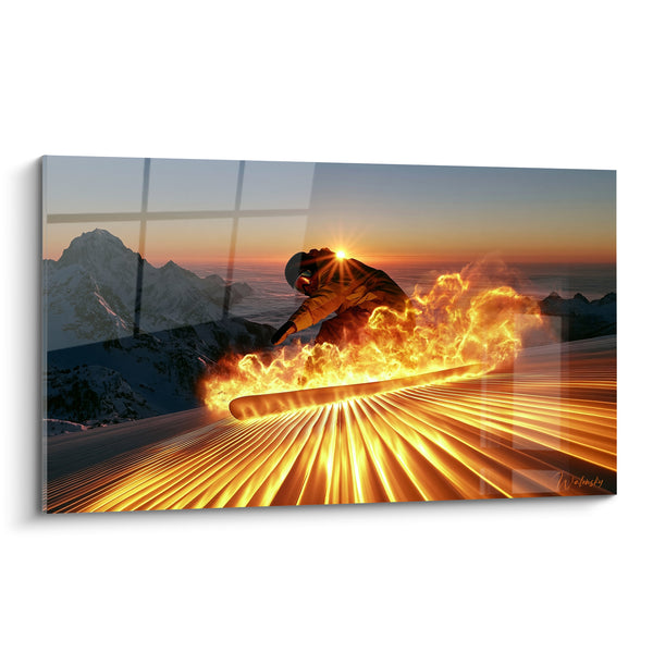Schilderij Snowboarder oranje en zwart in vlammen - Helder zonlicht aan de horizon - Editie Snowboard