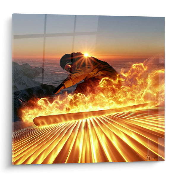 Schilderij Snowboarder in Goud- en Oranje Vlammen - Bliksemende Ontbranding - Editie Snowboard