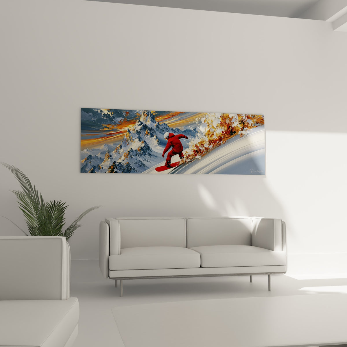 Silhouette écarlate glissant sur la neige blanche parmi des volutes dorées, au-dessus d'un canapé dans un salon lumineux