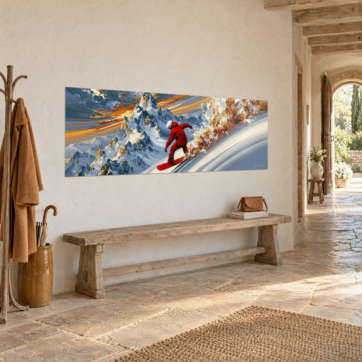 Schilderij van een rider met witte helm die over een scharlaken board glijdt, wolk van oker- en ivoorkleurige sneeuw, driekwartzicht in een stenen huis