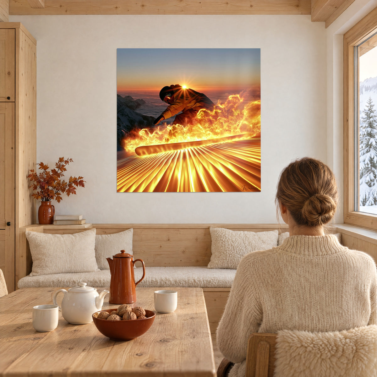 Schilderij van een boarder die door een wolk van gouden vuur snijdt op een oranje piste, blauwig wolkenzee, opgehangen in een woonkamer van licht houten chalet
