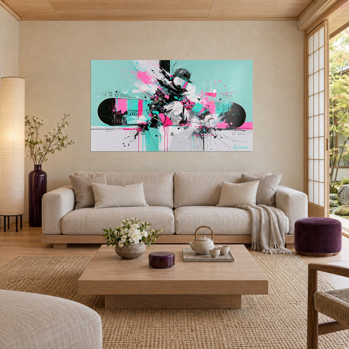 Quadro di un rider con casco in schegge rosa e turchesi, tavola nera a pois, in cornice Japandi sopra un divano in un soggiorno luminoso