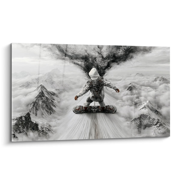 Tableau Snowboardeur blanc aux volutes anthracite - Ascension vertigineuse - Edition Snowboard