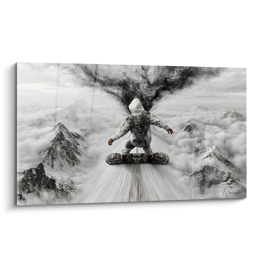 Tableau Snowboardeur blanc aux volutes anthracite - Ascension vertigineuse - Edition Snowboard