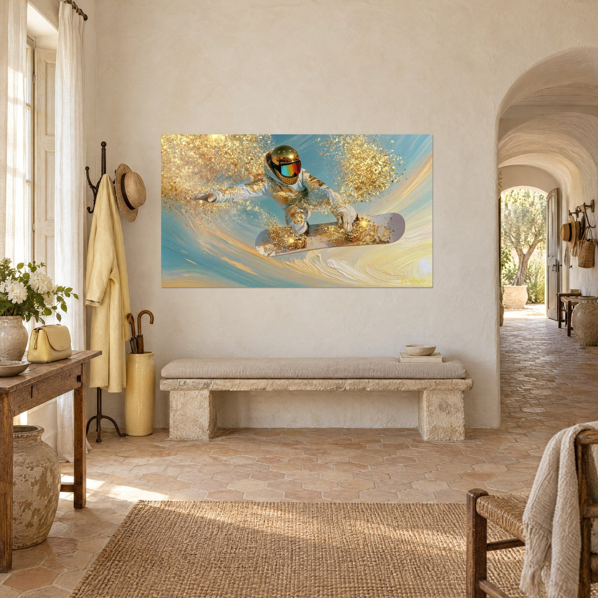 Tableau planchiste en combinaison blanche, visière arc-en-ciel, gerbe de poussière d'or sur fond azur, mas provençal en trois-quarts